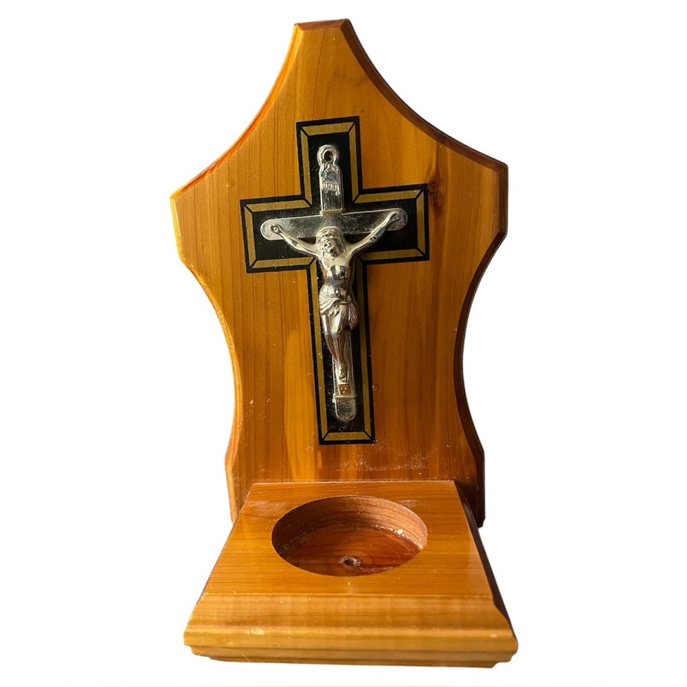 Vintage 1970’s Crucifix On Wood Votive Candle Holder Stamped Lake George NY 7.5”
